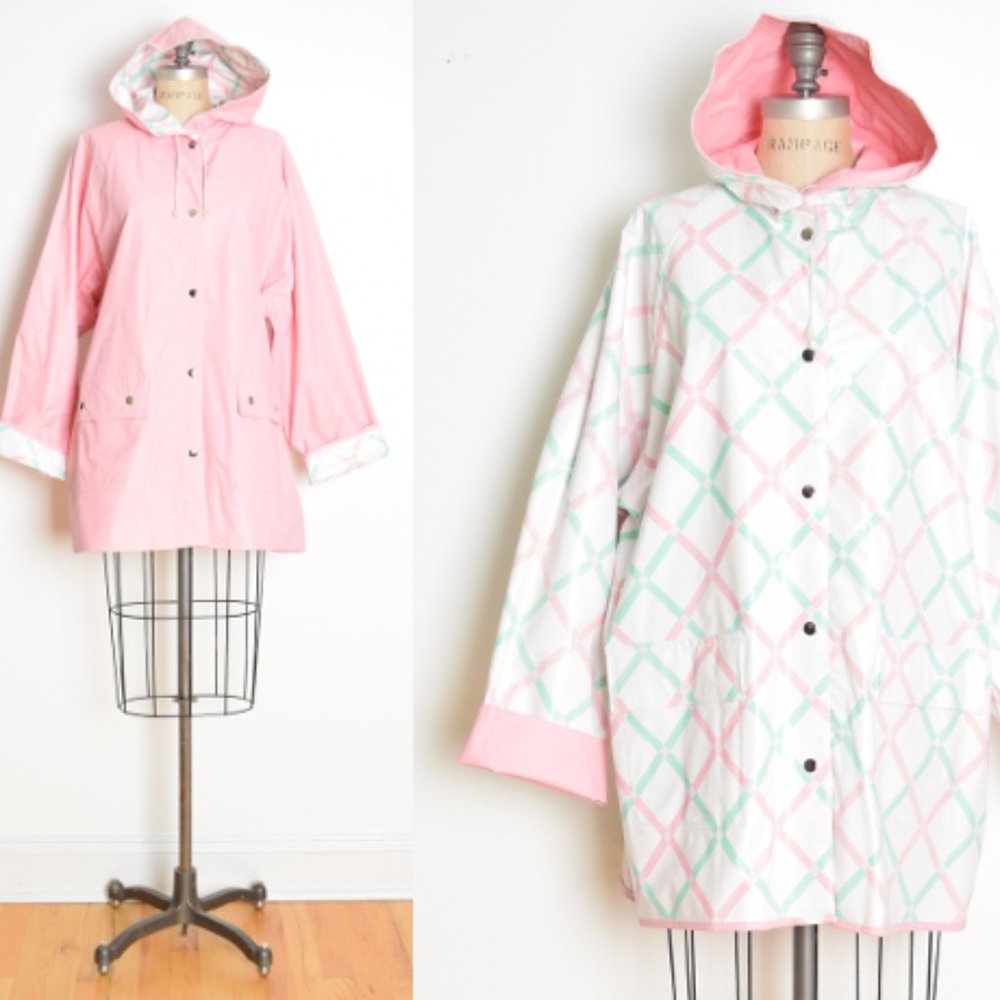 vintage 80s raincoat pink white plaid vinyl reversible slicker jacket coat XXXL